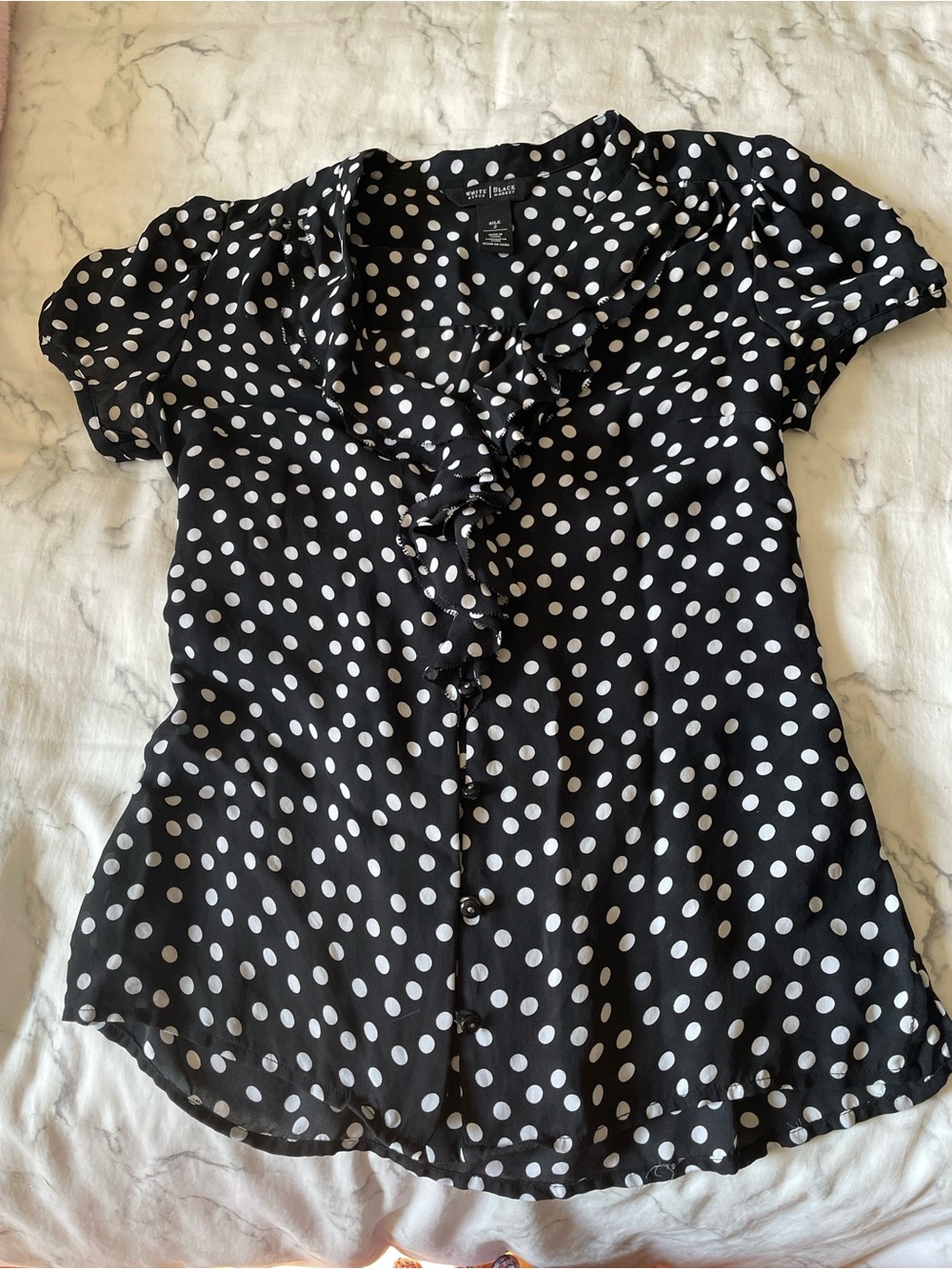 Silk White House Black Market Black & White Polka Dot Ruffle Button Blouse